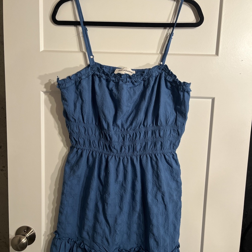 June Hudson Blue Smocked Tiered Ruffle Mini Dress Spaghetti Strap Summer Large